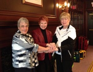 BCAHA President Lynda Avis connects with HAAO President Marion Saunders (left) and HAAO Immediate Past President Elen MacMillan (right). 